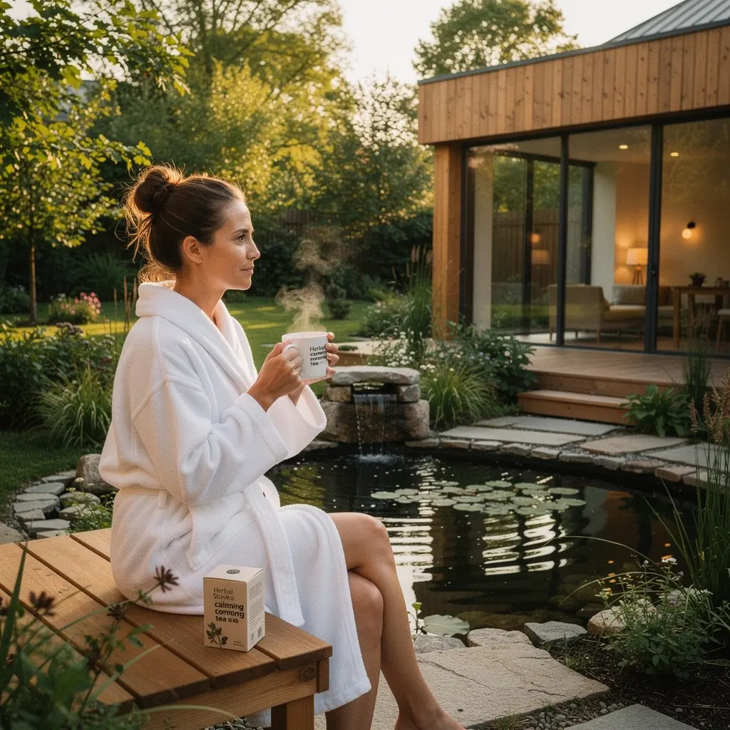 Žena relaxuje s knihou v ruke a šálkou čaju na terase.