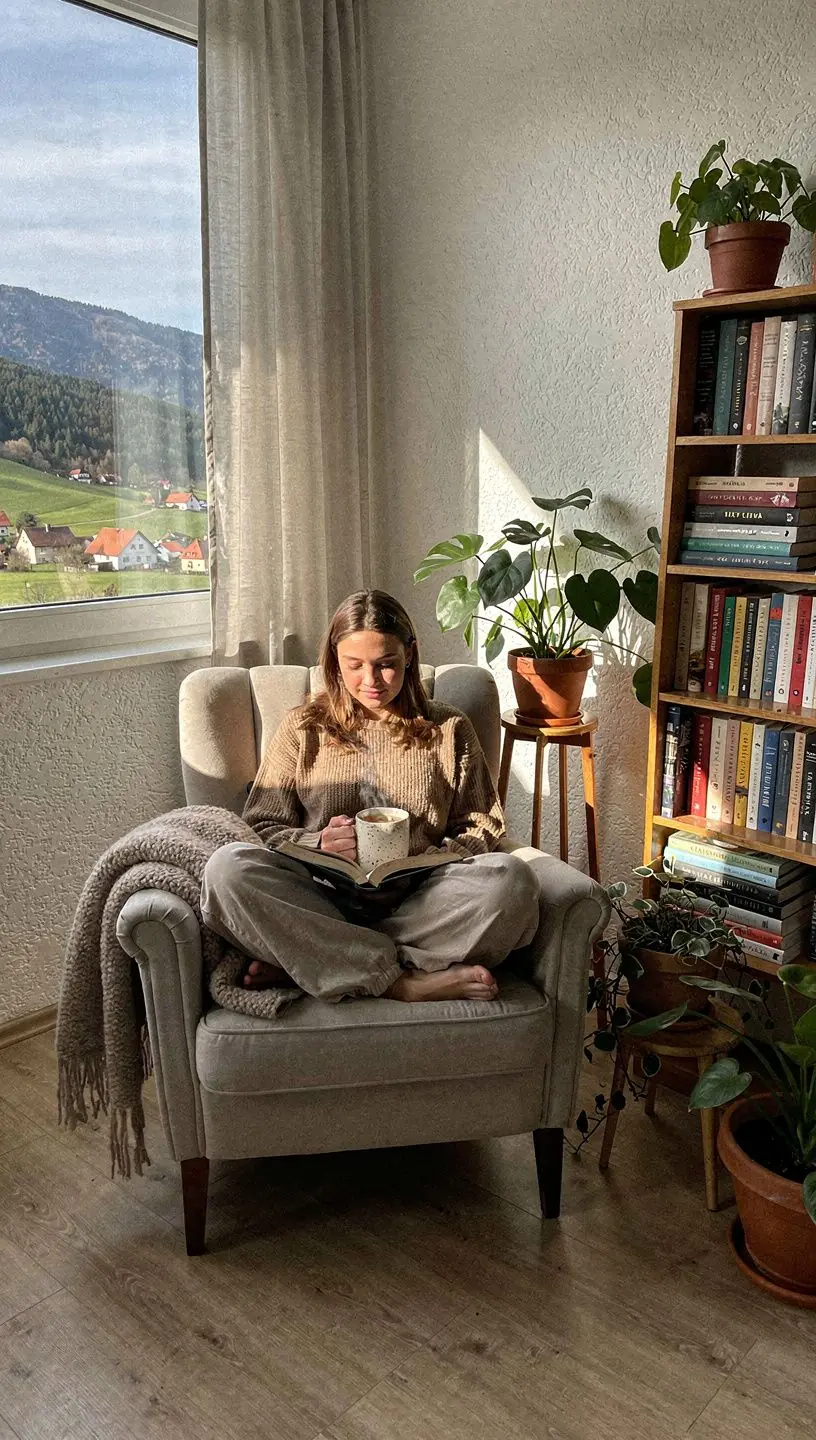 Osoba vychutnávajúca si šálku bylinného čaju v pohodlnom kresle