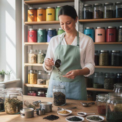 Zelené bylinky na drevenom stole, pripravené na varenie čaju.