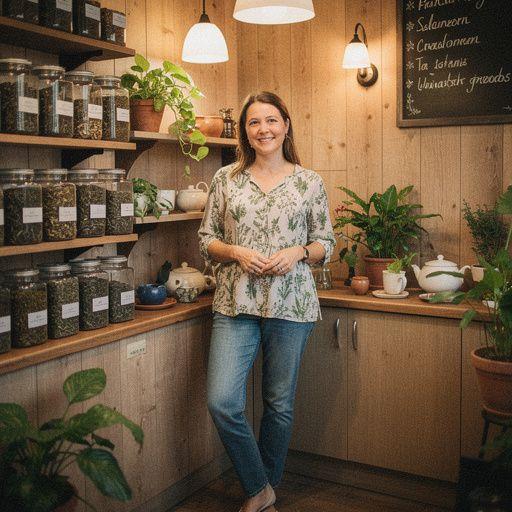 Záber na šálku čaju vedľa sviečky a voňavých byliniek.